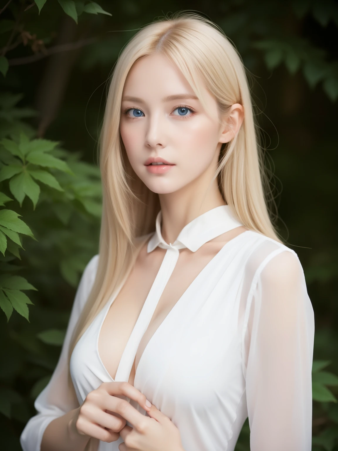 幻想的な空間に佇むbeautiful女性, White and gold tight micro dress, 8k, masterpiece, highest quality, expensive quality:1.4),Front view, eye_touch,Multiple photo poses, Very cute face, and very pretty eyes, Cute Images, Cute Images, Half Body,Long legs,Slim and sexy body, 背のexpensive女性, height: 177cm, alone, beautiful, Lovely, Adorable, Pale skin, 18〜22 year old German woman, look beautiful German girl and blue eyes or green eyes with platinum blonde hair color), Scandinavian German girl, Half Girl,expensive_all,Large Breasts、Cleavage