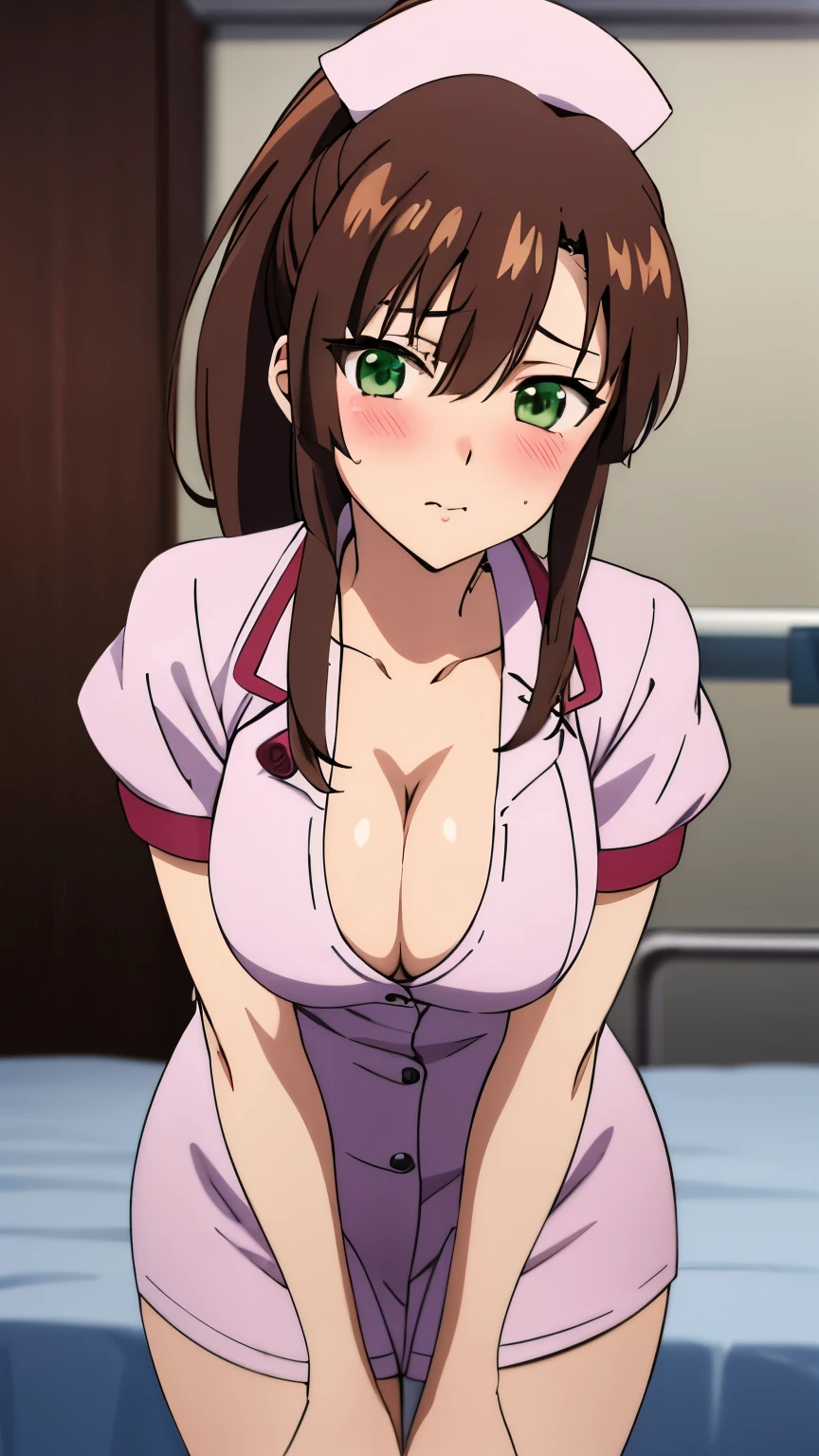 masterpiece, best quality, 8k, anime art style, Kirasaka Sayaka, Dark brown hair, ponytail, hair ribbon, (nurse, cleavage,showing thighs, blushing, hospital room, looking at bed), dynamic angle, looking at the viewer, green eyes, light in the eyes, (big breasts: 0.7), cowboy shot