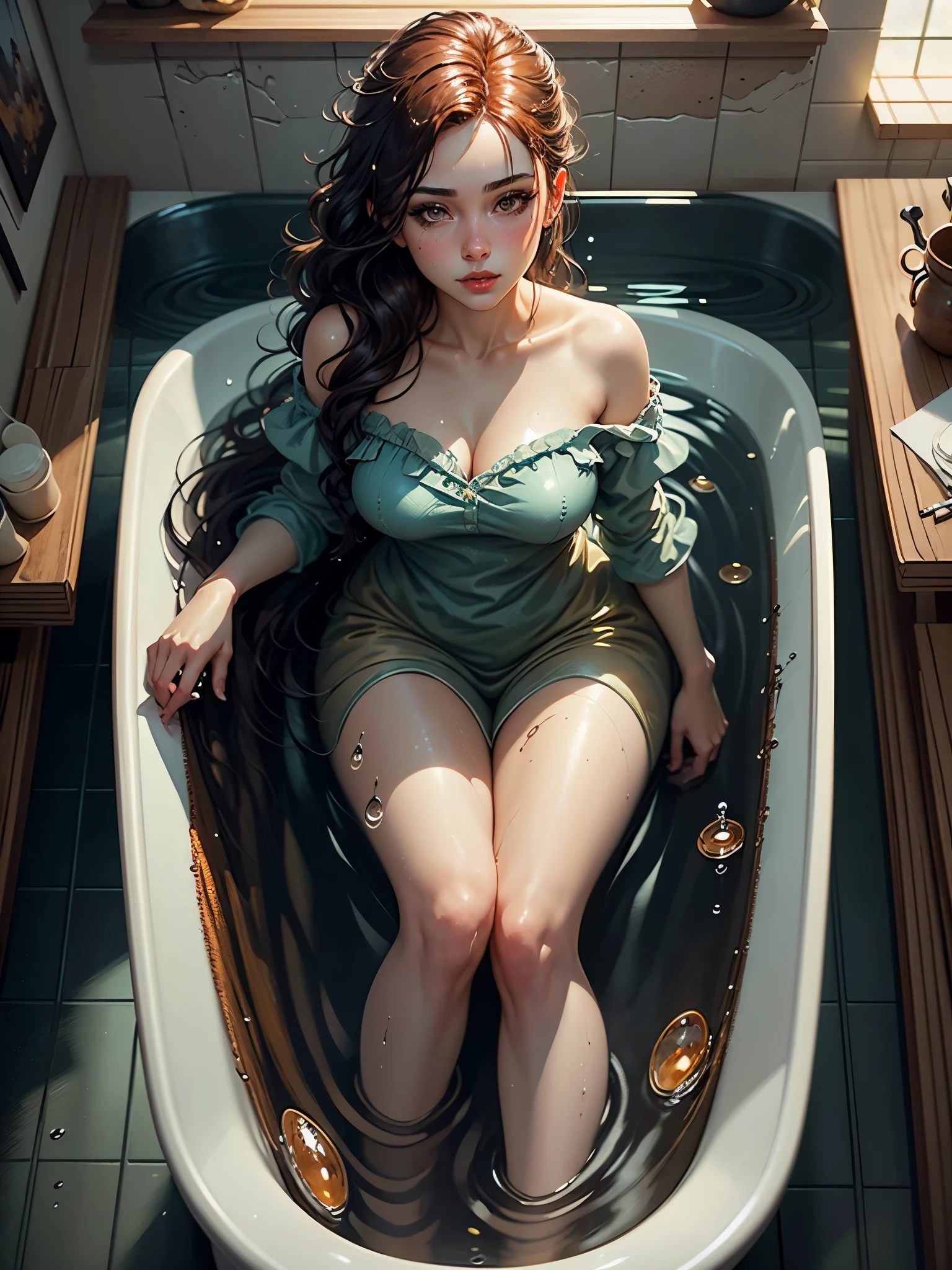 a close up of a woman in a bathtub with water droplets, realistic oil painting digital art 4k, realistic digital art 4 k, beautiful digital artwork, detailed painting 4 k, beautiful art uhd 4 k, glossy digital painting, gorgeous digital painting, 8k stunning artwork, stunning digital illustration, 8 k realistic digital art, stunning digital painting, beautiful digital painting