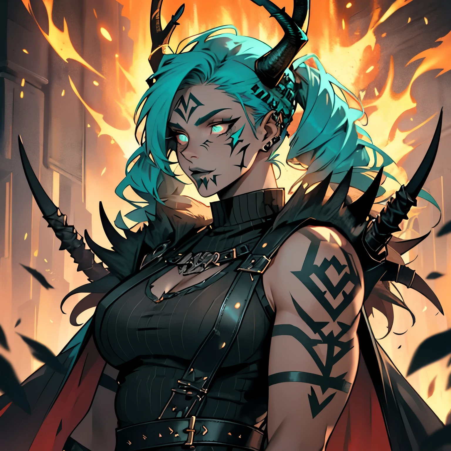 Rhea Ripley as a muscular female gothich viking, wearing leather gothic viking clothes, has long spiky pigtails, has spikes, has antlers made of fire, teal hair, black lipstick, masculine, muscular, has brown clothing, has a viking axe, has glowing viking rune tattoos, glowing runes, viking leather studded clothing, perfect eyes, gold eyes, 