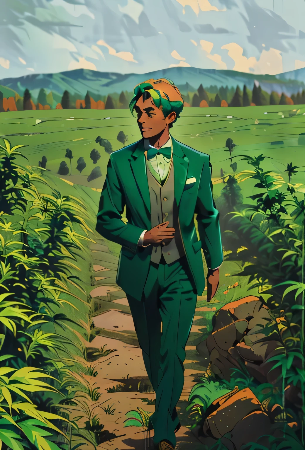 arafed man in a green suit and bow tie walking through a field of marijuana, wearing green suit, sitting in a field of cannabis, green suit and bowtie, wearing green clothing, wearing green, wearing a colorful men's suit, green clothing, field of marijuana, cannabis - sativa - field, green clothes, marijuana themed, teal suit, wearing green jacket