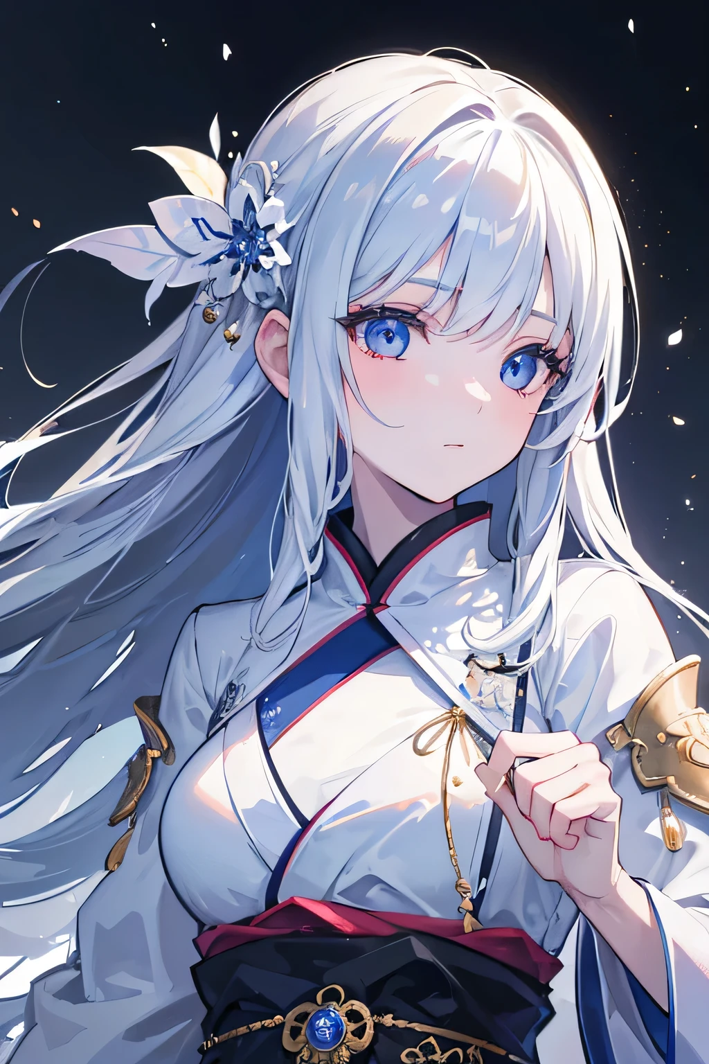 (8k, best quality, masterpiece:1.2), ultra-detailed, Masterpiece, realistic lighting,masterpiece, best quality, masterpiece, official art,extremely detailed CG unity 8k wallpaper,beautiful detailed eyes, light on face, 1girl, Upper body, snowstorm background, japan mythology woman yuki onna