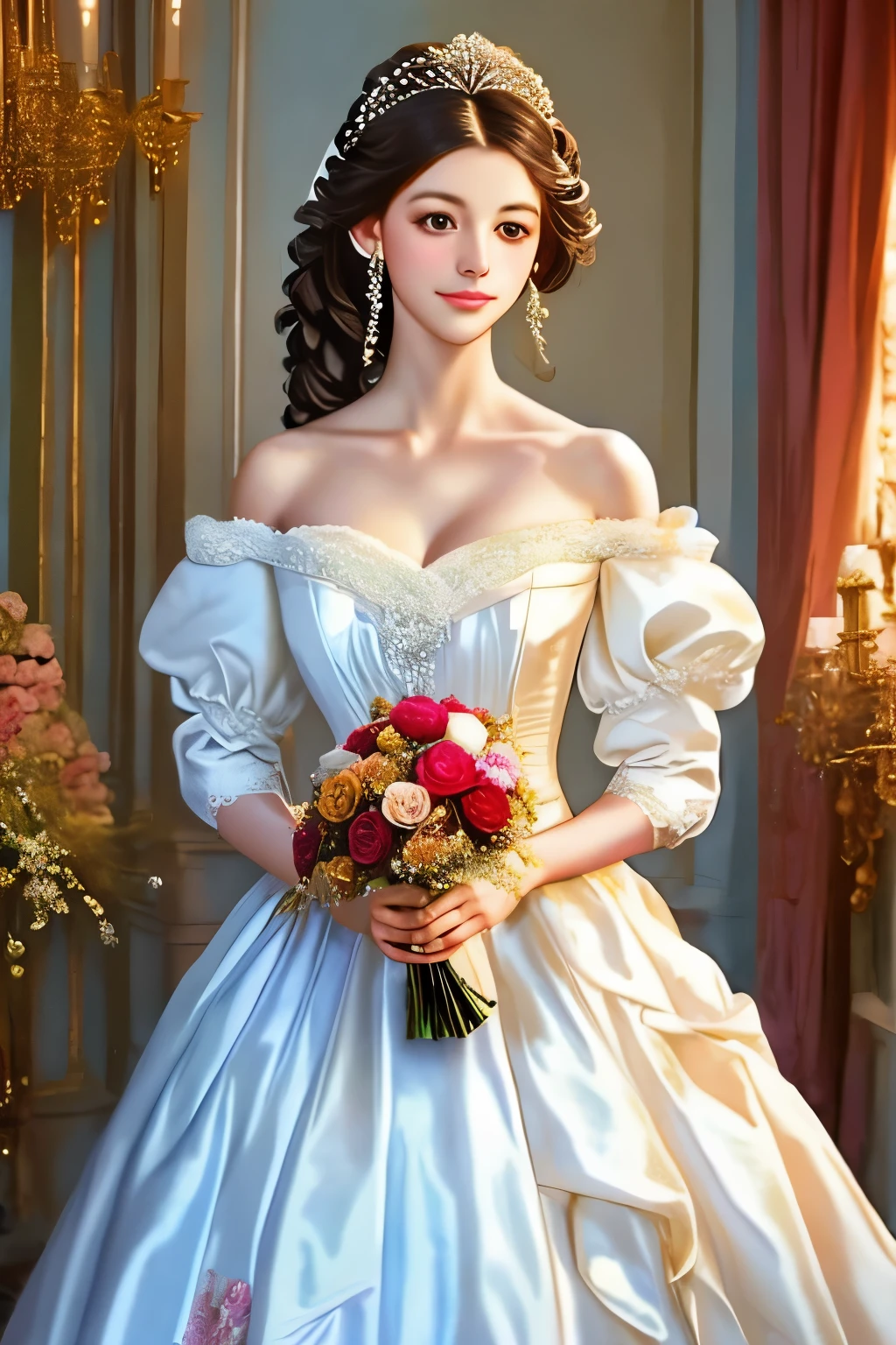 bride in a white dress holding a bouquet of flowers in a room, a photorealistic painting inspired by Franz Xaver Winterhalter, tumblr, rococo, puff sleeves, beautiful and elegant, beautiful detailed elegant, romantic gown, ribbons and flowers, exquisite and beautiful, dressed beautiful gown, very beautiful and elegant, voluminous sleeves, in romantic style, with flowers