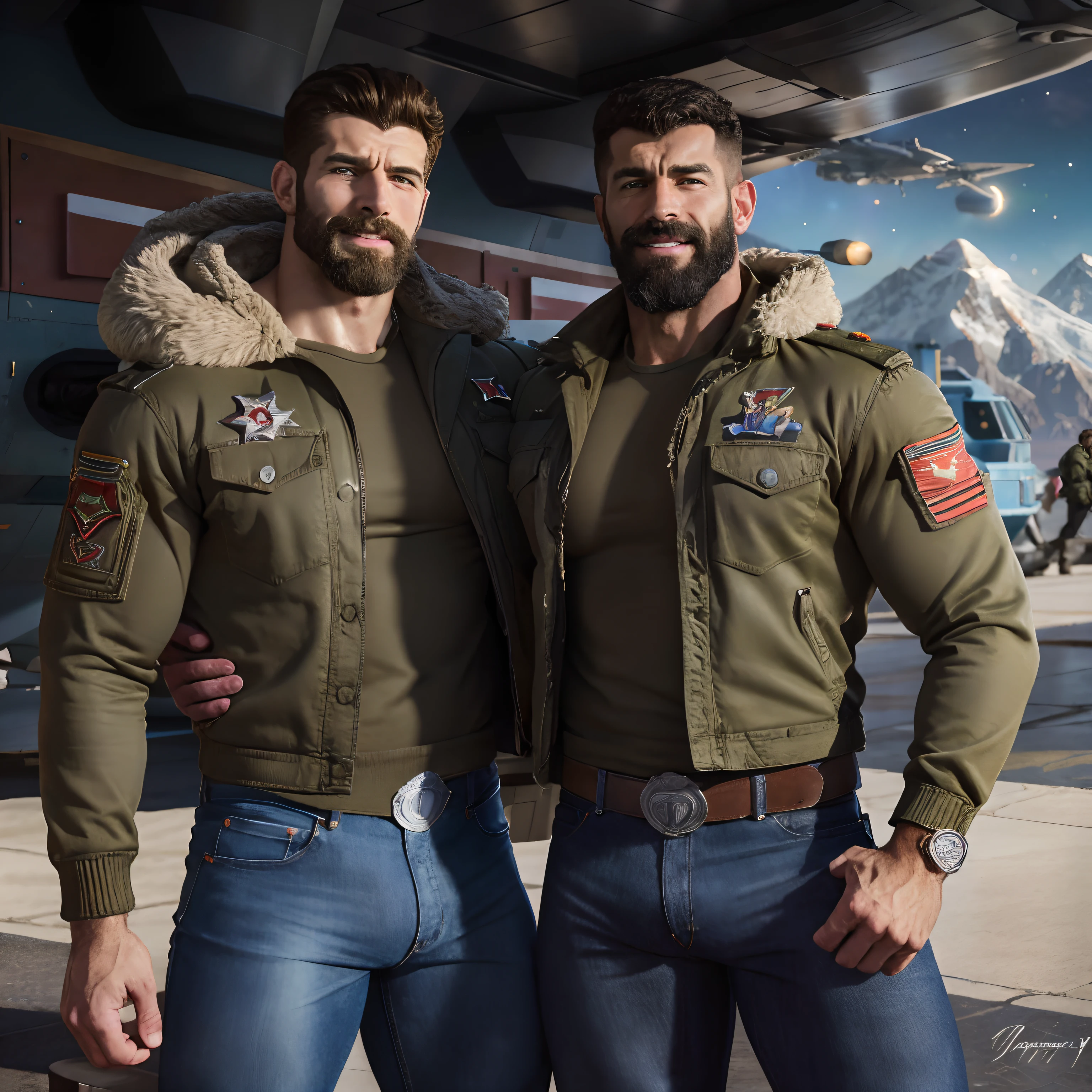 Two muscular Soviet Union soldiers on vacation, corpo peludo, macho alfa, huge biceps, Abs rasgado, cabelo desgrenhado, jeans, Porto espacial de montanha com naves estelares, hug together, sorriso, 4k, altamente detalhado, lindo, Middle Ages, Era das Trevas, arte de Stanley artgerm, por Daniel F Gerhartz, por Pino Daeni, altamente detalhado, sharp focus.