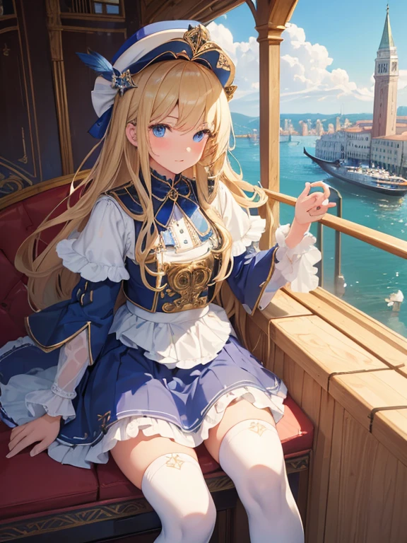 masterpiece, highest quality, Very detailed, 16k, Ultra-high resolution, , Detailed face, Perfect Fingers, blue eyes, Blonde, Long Hair, Wide-brimmed feathered hat, Gorgeous white blouse, Luxurious brooches, Long skirt, White High Knee Socks, Enamel shoes, Venice cityscape, Waterway, Seats in the gondola, (The girl sits in a gondola:1.3)
