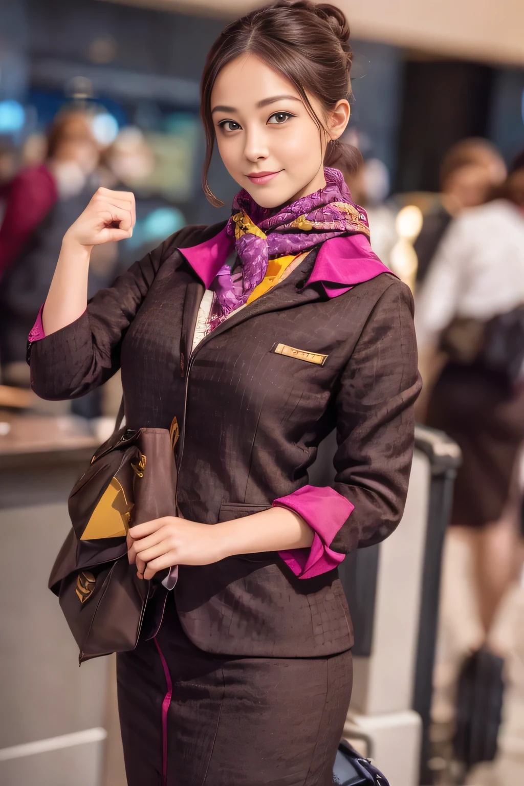 (masterpiece:1.2、highest quality:1.2)、32K HDR、High resolution、(alone、1 girl、Slim figure)、（A realistic reproduction of the ETIHAD Airways Cabincrew Uniform）、 (In the airport lounge, Professional Lighting)、A proper woman, Beautiful Face,、（Long sleeve ETIHAD Airways Cabincrew Uniform）、（scarf on chest）、Big Breasts、（Long Hair Up、Hair Bun）、Dark brown hair、Long Shot、（（Great hands：2.0））、（（Harmonious body proportions：1.5））、（（Normal limbs：2.0））、（（Normal finger：2.0））、（（Delicate eyes：2.0））、（（Normal eyes：2.0））)、Beautiful standing posture、smile