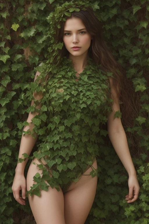 female ivy/human mix plantmorph ((plantmorphic:1.5)) body fully engulfed by ivy