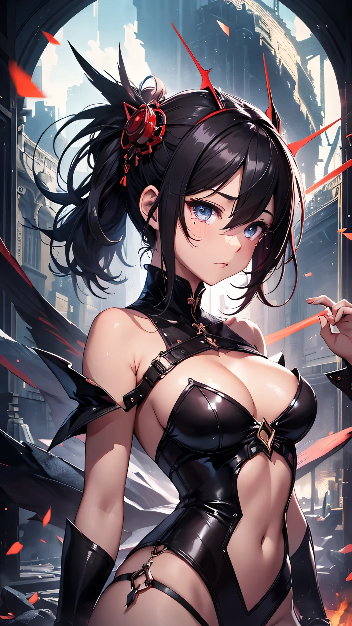 Highest quality、Highest quality、Masterpiece、girl((Metal body,Age 25、as soon as、Highest Bust、Medium Bust、Wide open chest、Red glowing eyes、Black Ear、Red Mesh、Disheveled Hair、Loincloth、thin、The best valley、Open chest、Luminous Wristbands、hair ornaments、Full body view、Black Dress、scar、cell phone、A little muscular、Watery eye、Tears))、high quality、Beautiful Art、background((night、Concert Hall))、flight、Flying Debris、Depth of text、movie、Visual Arts、Perfect Art、8K、Genuine、