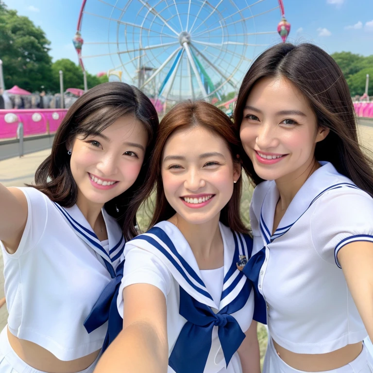 One has a smartphone、(highest quality、High resolution、Detailed Background、8k)、(Highly detailed beautiful face:1.4)、Beautiful, smooth skin、Skin Texture、Professional Lighting、cute10代の美少女、Three Women、Brown hair or cute hair color、cute編み込みヘアスタイル、Braided Bob、Braided Ponytail、Huge breasts、Perfect body line、Theme park、amusement park、(Three beautiful girls happily taking a selfie together:1.5)、Zoom in、cute color sailor suit、White sailor collar、Checked Pleated Short Sleeve、White knee-high socks、(smile:1.2)、A big smile、cute