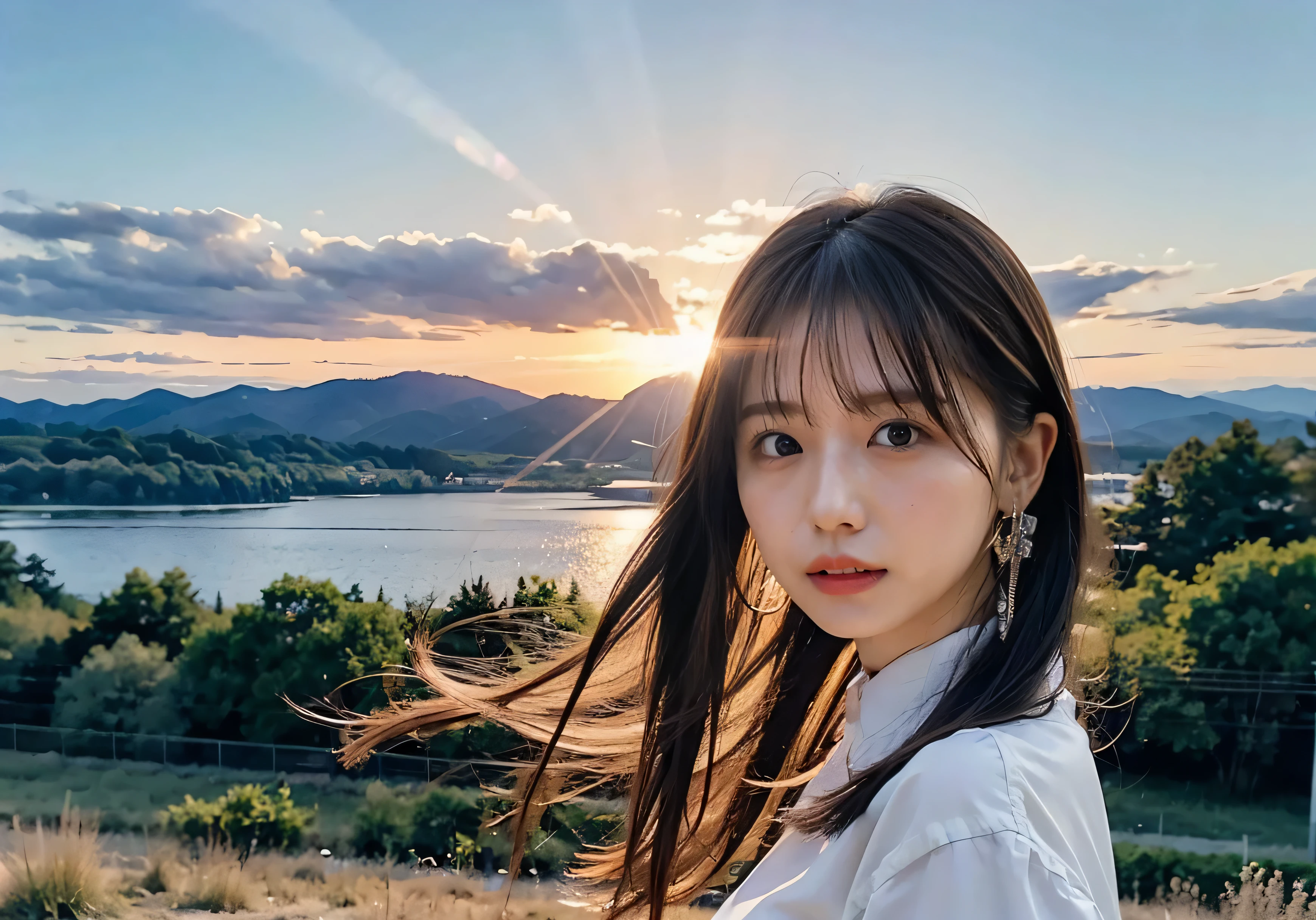 、Lens flare、I can see the sun setting、((Small earrings、It's evening、I'm at the Airfield、Airfield、Background of an airplane taking off:1.4))、Luxurious leather belt、Glossy clothes、Light beige hair color、Background Blur、Braid only the front hair、Light brown hair、{{Cowgirl Shot}}、((Close-up shot from the waist up、Big Breasts:1.4))、Big Breasts、Smile、Silk clothing、Big Breasts that can be seen even through clothes、Braid only the front hair、Cowboy Shot、Gorgeous white collared silk shirt and brown skirt、Dress elegantly、Luxury Bags、A lovely smile、((Airplane in the background、I'm at the Airfield))、Full body photo、ring、Short skirt、Tuck your hair behind one ear、Silver Necklace、smile、 Elegant ponytail、Caustics、Highly detailed photos、Very beautiful and ideal short hair、Big Breasts、Super no makeup、(8k、RAW Photos、highest quality、masterpiece:1.2)、(Realistic、Realistic)、1 girl、((Big Breastedium Short Hair、Looking into the camera:1.4))、Hair blowing in the wind