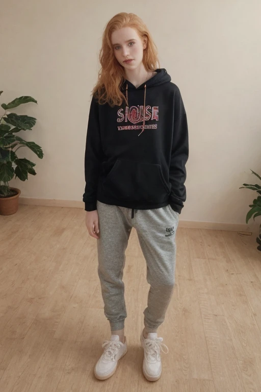 Irish), (swiss) and (Czech), 19 year old pale skin, voluminous strawberry blonde hair ,beauty, beautiful girl, thin, skinny, beauty, beautiful girl, hard contrast, hard shadows, hard light, smirk, beautiful ,makeup, apartment, arm raised, floor, wearing joggers, hoodie and sneakers