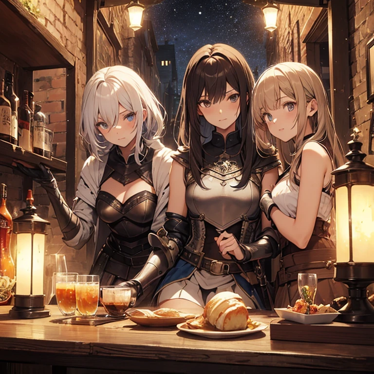 A group of female medieval fantasy adventurers, (in tavern), various hair styles, harem, night, details face, short skirt, seducing, sleeveless, armor