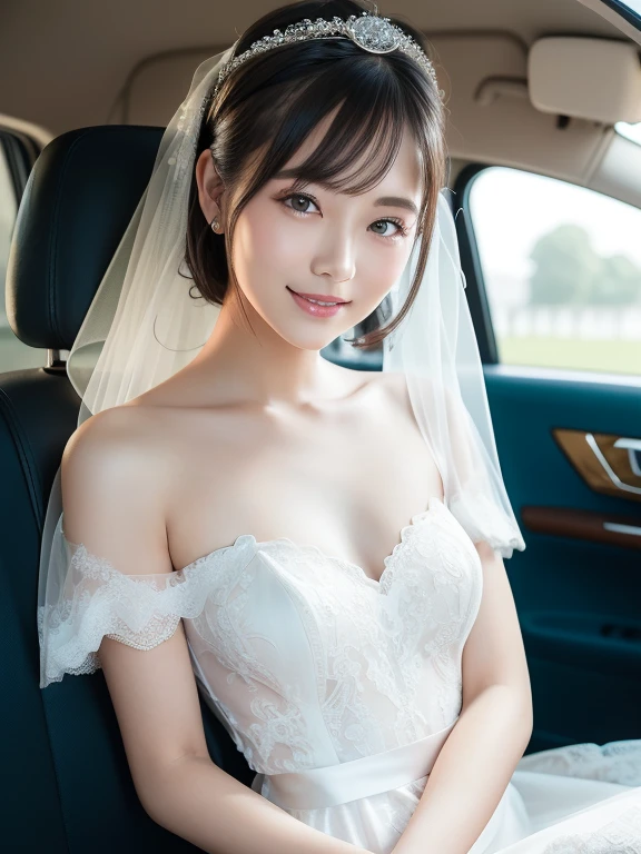 (Best quality: 1.5), (Realistic: 1.5), (1 person: 1.5), (Medium shot: 1.5), Highly detailed, High resolution, 8k, Medium breasts, Natural colored lips, Cute smile, Japanese woman, 20-year-old girl, beautiful and elegant features, perfect and beautiful face, large eyes with good balance between the left and right sides, brunette eyes, beautiful and elegant features, beautiful double eyelids, natural bangs, beautiful thin nose, Beautiful skin, fair skin, (medium bob hair), natural bangs, perfect and beautiful face, slim face and figure, (looks at the camera with a sweet smile), bright lighting, professional lighting, forward lighting, wearing the finest bridal tiara, (wearing a pure white off-shoulder mermaid line wedding dress), the finest wedding dress, lace white gloves, bridal veil, (micro miniskirt dress) , ((garter belt)), knee-length lace stockings, Sit in the back seat of a luxurious horse-drawn carriage,