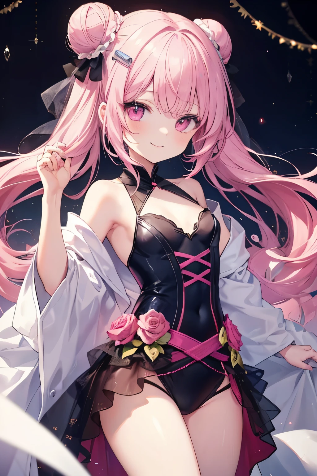Pink Hair、Pink Eyes、girl、Small breasts、Hair Bun、girl、Small breasts、ta、Bright smile、Looks about 15 yan Musume、He is short、目のhighlight、Sexy thighine-based costumes、Show your armpits、Your eyes are so beautiful、highlight