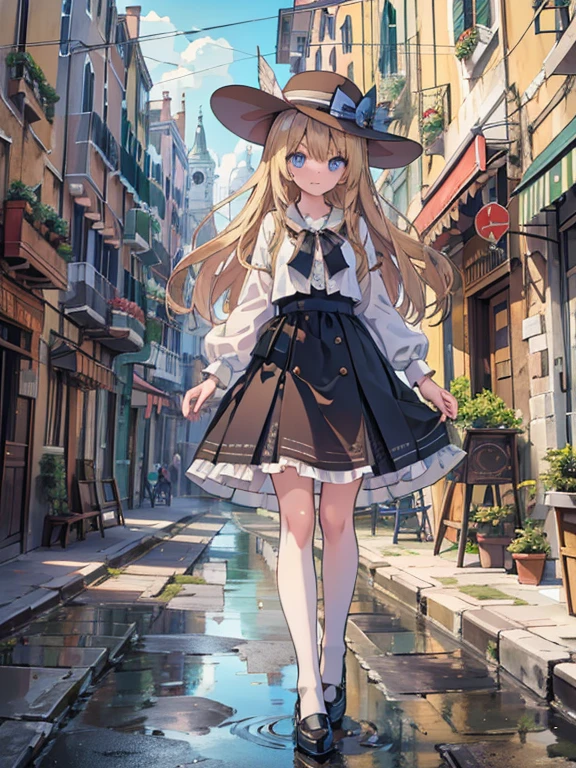 masterpiece, highest quality, Very detailed, 16k, Ultra-high resolution, 14-year-old girl, Detailed face, Perfect Fingers, blue eyes, Blonde, Long Hair, Wide-brimmed feathered hat, Gorgeous white blouse, Luxurious brooches, Long skirt, White High Knee Socks, Enamel shoes, Venice cityscape, gondola, Walking the Streets