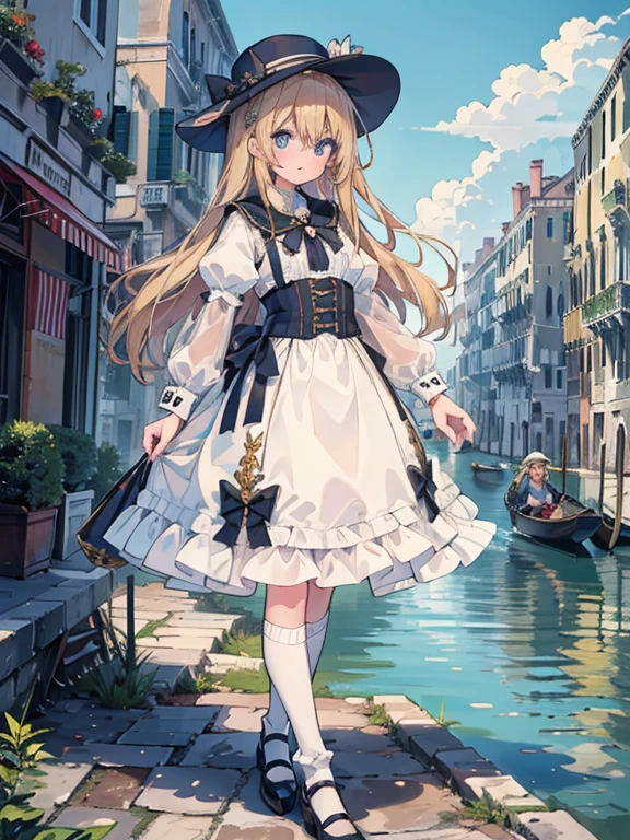 masterpiece, highest quality, Very detailed, 16k, Ultra-high resolution, 14-year-old girl, Detailed face, Perfect Fingers, blue eyes, Blonde, Long Hair, Wide-brimmed feathered hat, Gorgeous white blouse, Luxurious brooches, Long skirt, White High Knee Socks, Enamel shoes, Venice cityscape, gondola, Walking the Streets