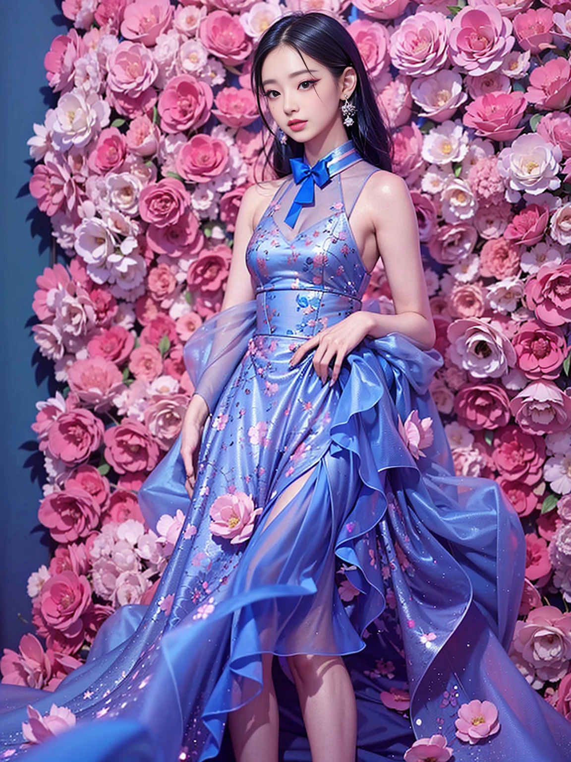 Araped woman wearing blue and rose themed dress, woman alone, Best Face, Chassis, blackpink jennie, model shooting pose, Yanjun Chengt, Popular Korean Makeup, Exciting and cute aesthetics, Jinyoung Shin, Popular Korean Makeup, Inspired by Hwangji, beautiful girl, official artwork, very beautiful cute girl, smile, Swarovski dress, sparkly dress, pov, 8k, super detail, ccurate, best quality, UHD, anatomically correct, super detail, high quality, ccurate