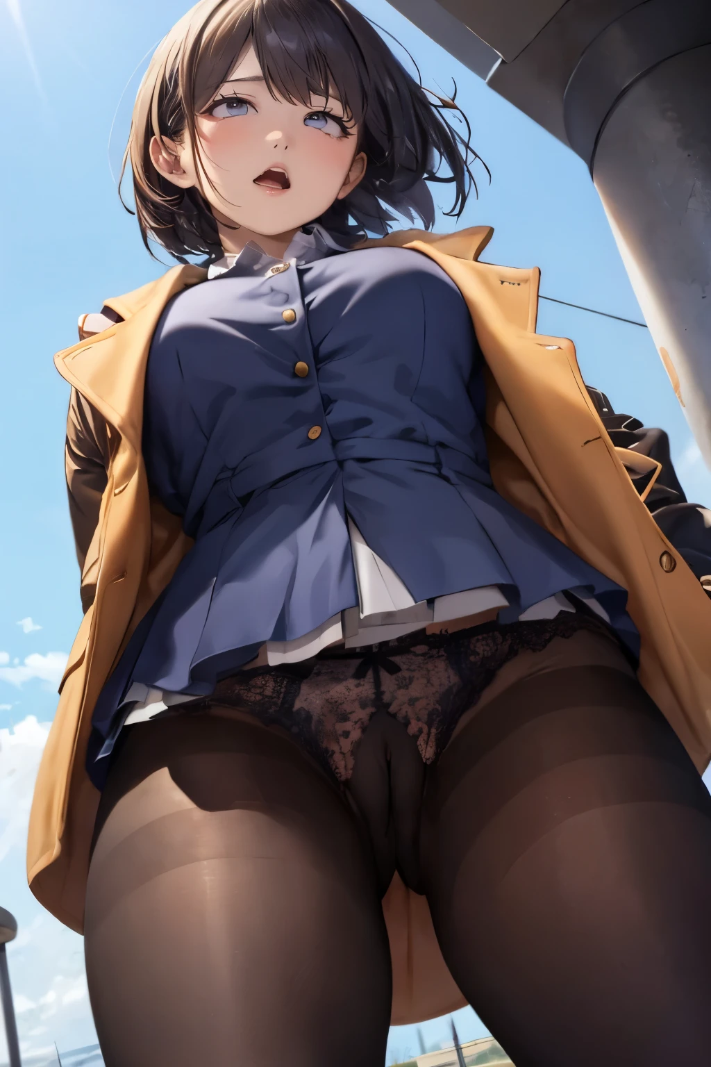 drooping eyes, realistic skin, swollen areolas, wind, Masturbation with hit her crotch on the bollard, various-pattern shirt and and jacket and panties, short hair, pantyhose, pubic-hair, angle from below,