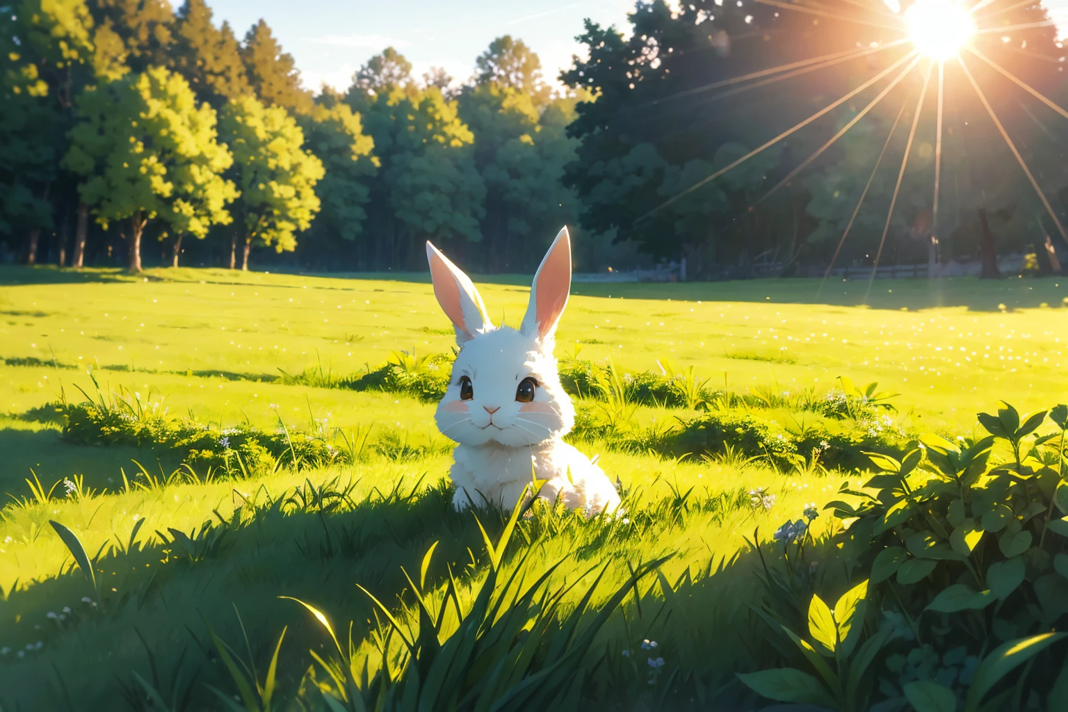 landscape, close up, close shot, rabbit ears, bunny ears, bunny ears emerging from bush, green bush, field, sun, godrays, lens flare, there are rabbit ears popping up from a bush,