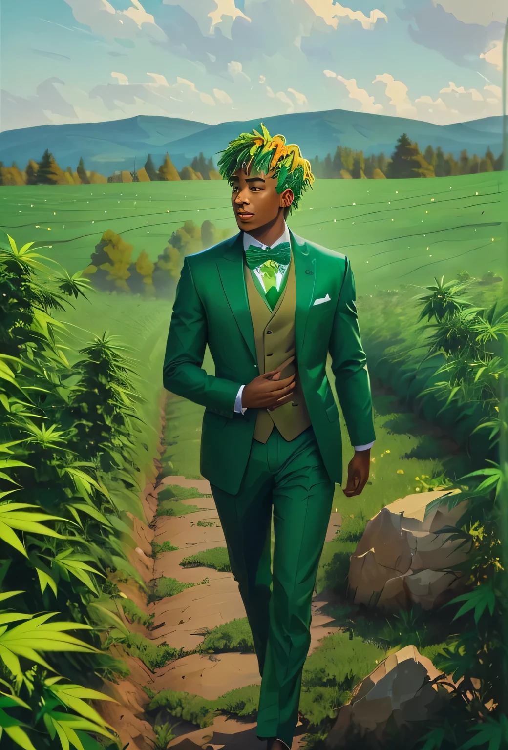 arafed man in a green suit and bow tie walking through a field of marijuana, wearing green suit, sitting in a field of cannabis, green suit and bowtie, wearing green clothing, wearing green, wearing a colorful men's suit, green clothing, field of marijuana, cannabis - sativa - field, green clothes, marijuana themed, teal suit, wearing green jacket