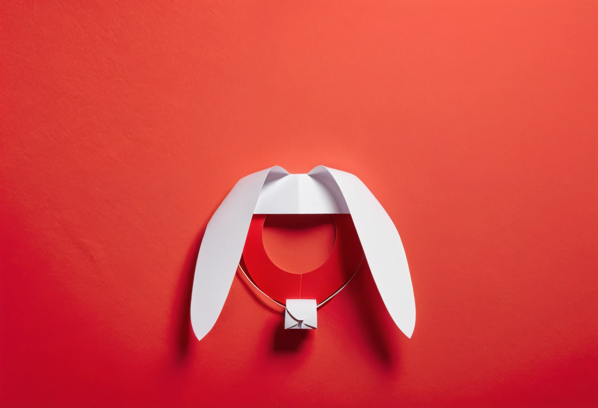 on an empty red background, white bunny ears cut out of paper, a nose with a mustache lie in the form of a rabbit muzzle, realism, photorealism, high detail,，minimalist