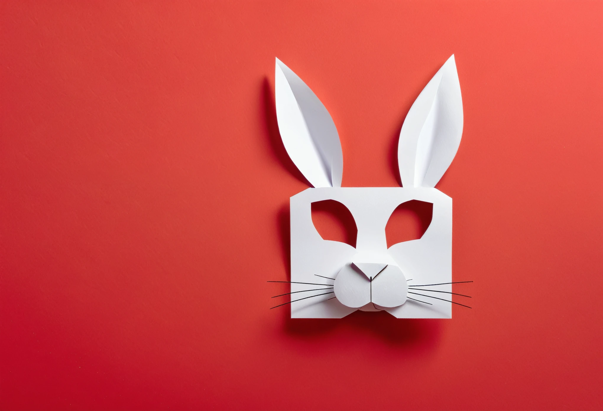 on an empty red background, white bunny ears cut out of paper, a nose with a mustache lie in the form of a rabbit muzzle, realism, photorealism, high detail,,minimalist