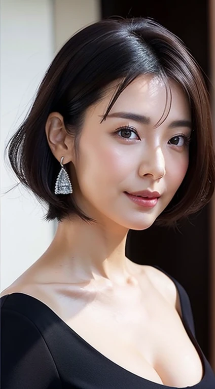 Best image quality、highest quality、8k、White tube top、skirt、G-Cup、I can see her cleavage、45-year-old Japanese middle-aged woman、Fine wrinkles on the face、Black stiletto heel、walk、、Big earrings、Dark brown short bob、Realistic Hair、Realistic skin texture、Detailed face、Looking into the camera、Trance、I opened my mouth、Nipples are visible、Photo from the belly button up、Slightly loose skin、Cheeks are a little red、Blouse buttons open