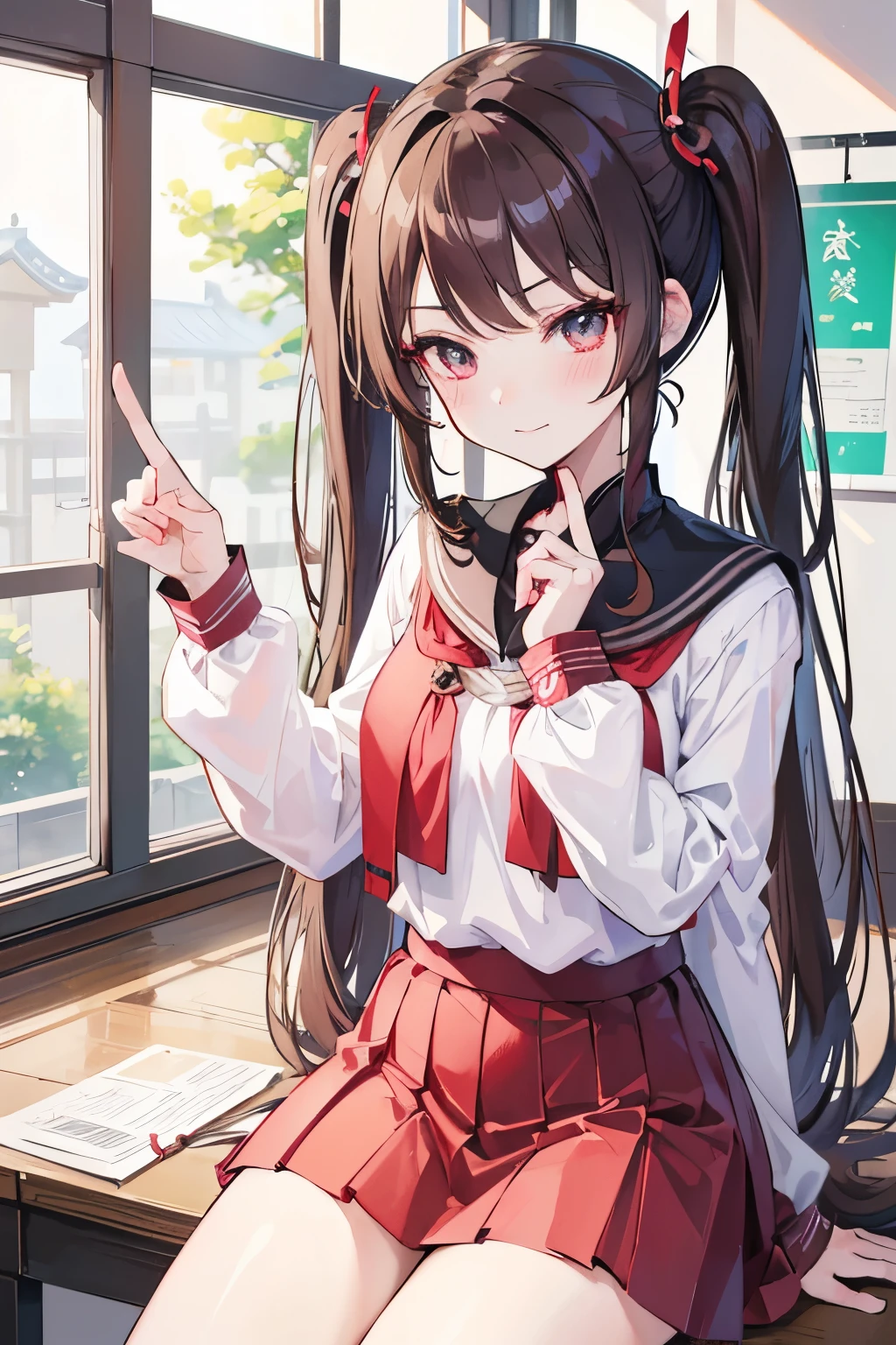 Anime girl sitting at a desk with a mobile phone, Anime drawing by Honoohito, Pixiv, shin hanga, beautiful anime high high school girl, With index finger, high school girl, Cute girl anime visuals, Long Hair Anime Girl, marin kitagawa fanart, Anime Moe Art Style, かわいいhigh school girl, Surreal ,Twin tails,Brown Hair,fu-tao,genshin,White shirt,Black Uniform,Red Skirt,The hair tips are red,Smirking face,Genshin Impact,Beautiful Eyes,高いTwin tails.