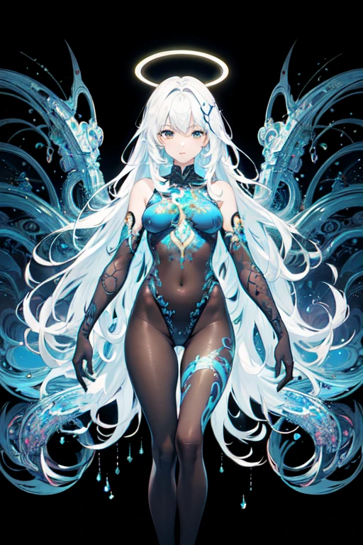 (masterpiece, Top quality, best quality, Official Art, beautiful and aesthetic:1.2), (1 Girl), (Fractal Art:1.2),absurd, high resolution, Making clothing out of extremely fine transparent blue liquid, Ultra-precise depiction, Solitary, (Zentangle:1.2), Flowing hair, shiny skin, (Abstract:1.2), tights, looking at the audience, complex , Halo,