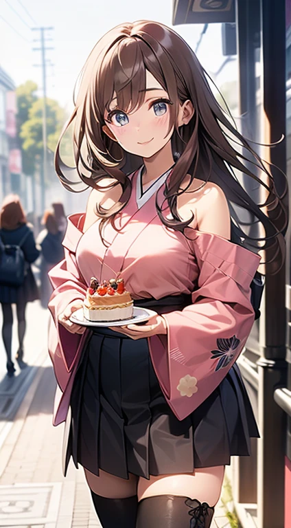 ((masterpiece, highest quality, High resolution, 超High resolution, Pixel Perfect, Wide-angle, 4K, RTX, Human Development Report))), One Girl, single, alone, beauty、View the entire body from top to bottom、 (( Reddish brown hair , Very long hair , Short Liuhai )), ((blue eyes, Beautiful eyelashes, real目)), ((Detailed face, blush:1.2)), ((Smooth texture:0.75, real质感:0.65, real:1.1, Anime CG Style)), Medium chest, Perfect body, (( Pink Japanese Kimono, Pleated skirt, Exposing shoulders ,black tights ,Black boots)), smile, Holding a birthday cake to celebrate a birthday , (The wind blows her long hair,Exposing shoulders、Expose your breasts、black tights) , that'It's snowing at night、cute
