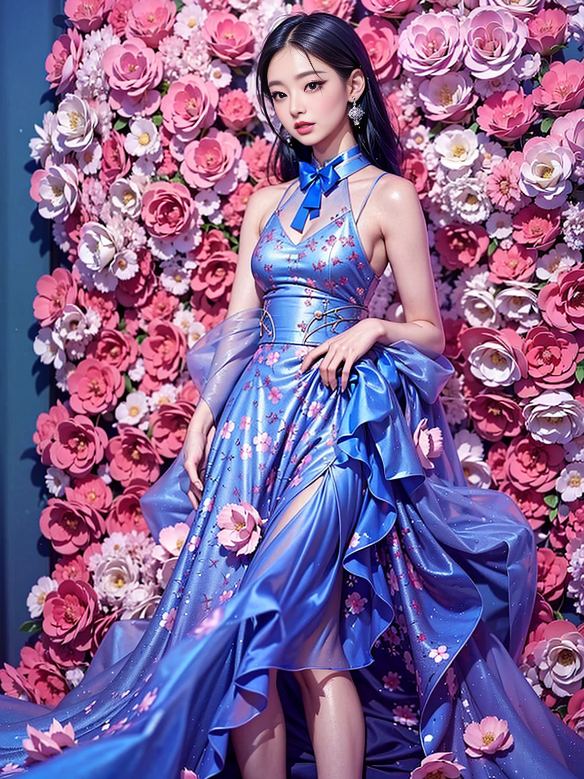 Araped woman wearing blue and rose themed dress, woman alone, Best Face, Chassis, blackpink jennie, model shooting pose, Yanjun Chengt, Popular Korean Makeup, Exciting and cute aesthetics, Jinyoung Shin, Popular Korean Makeup, Inspired by Hwangji, beautiful girl, official artwork, very beautiful cute girl, smile, Swarovski dress, sparkly dress, pov, 8k, super detail, ccurate, best quality, UHD, anatomically correct, super detail, high quality, ccurate