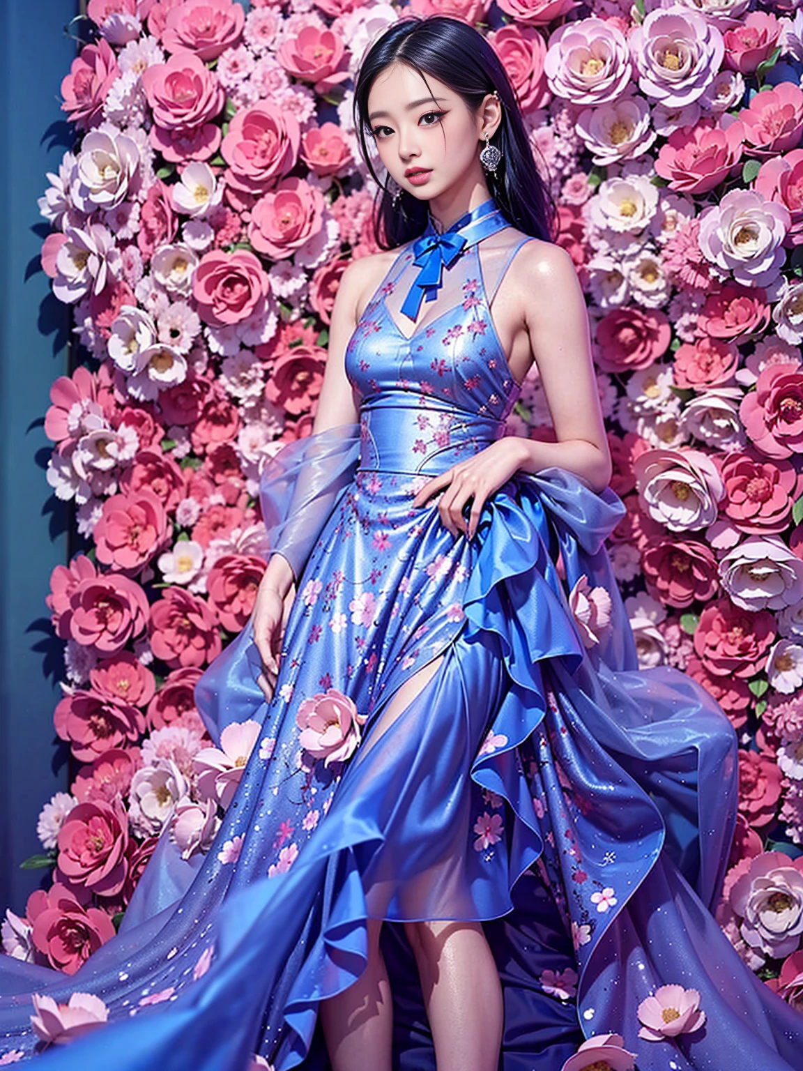 Araped woman wearing blue and rose themed dress, woman alone, Best Face, Chassis, blackpink jennie, model shooting pose, Yanjun Chengt, Popular Korean Makeup, Exciting and cute aesthetics, Jinyoung Shin, Popular Korean Makeup, Inspired by Hwangji, beautiful girl, official artwork, very beautiful cute girl, smile, Swarovski dress, sparkly dress, pov, 8k, super detail, ccurate, best quality, UHD, anatomically correct, super detail, high quality, ccurate