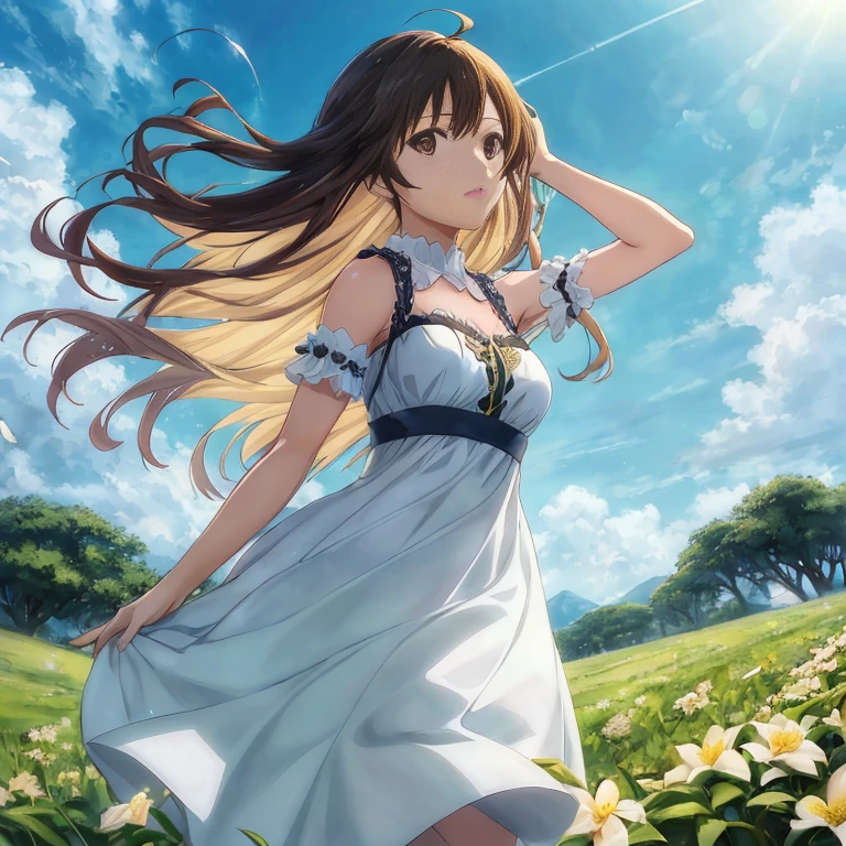 Woman in white dress standing in flower garden, Anime visuals of cute girls, Smooth Anime CG Art, Rin, official anime artwork, By Shinkai Makoto. a digital rendering, Beautiful anime, ( ( By Shinkai Makoto ) ), Official art, official artwork,  in dress, daytime ethereal anime, beautiful anime artwork