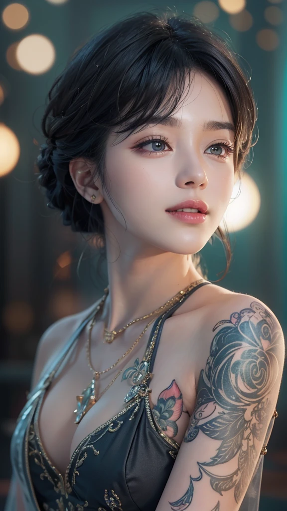 1 Girl,(improve quality:1.4),(Top quality real texture skin), Delicate face,Black Hair, Gradient hair, Body,(Perfect body:1.1), A jewel on the forehead, Shining pupils,Long eyelashes,Grin, Hyperrealism, movie lighting, expected insert, Surrealism, Ultra HD, masterpiece, 16K,lie,dream,cametto,Open your legs slightly,Tattoo,Fantasy Space,Luxurious space