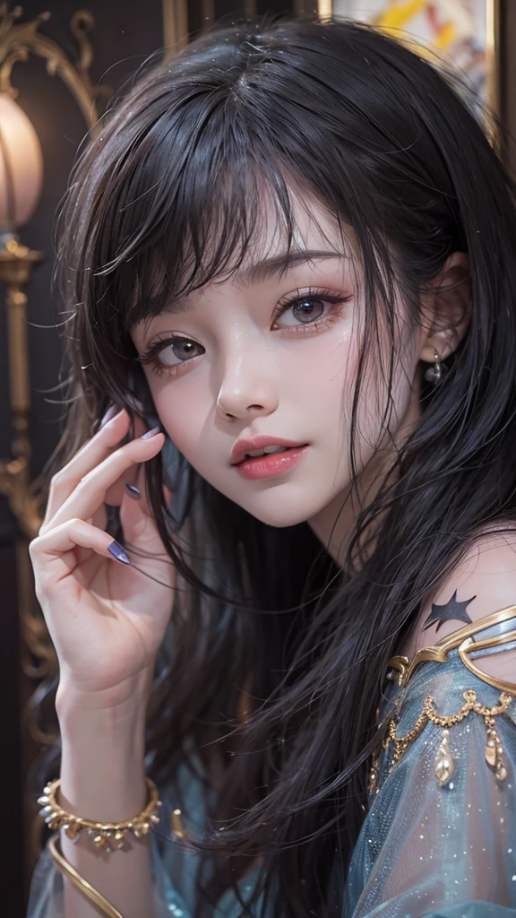 1 Girl,(improve quality:1.4),(Top quality real texture skin), Delicate face,Black Hair, Gradient hair, Body,(Perfect body:1.1), A jewel on the forehead, Shining pupils,Long eyelashes,Grin, Hyperrealism, movie lighting, expected insert, Surrealism, Ultra HD, masterpiece, 16K,lie,dream,cametto,Open your legs slightly,Tattoo,Fantasy Space,Luxurious space