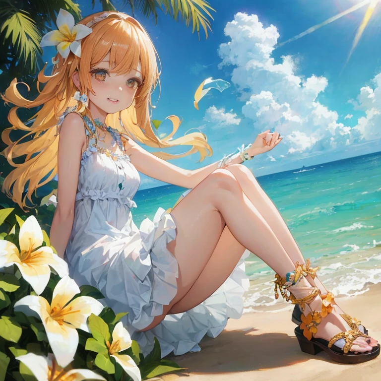 Woman sitting on the beach with flowers in her hair, Trending on ArtStation pixiv, Cute anime waifu in a nice dress, Top Rated on pixiv, Beautiful anime, guweiz on pixiv artstation, Beautiful anime girl, in dress, trending on pixiv, at pixiv, digital art on pixiv, anime goddess