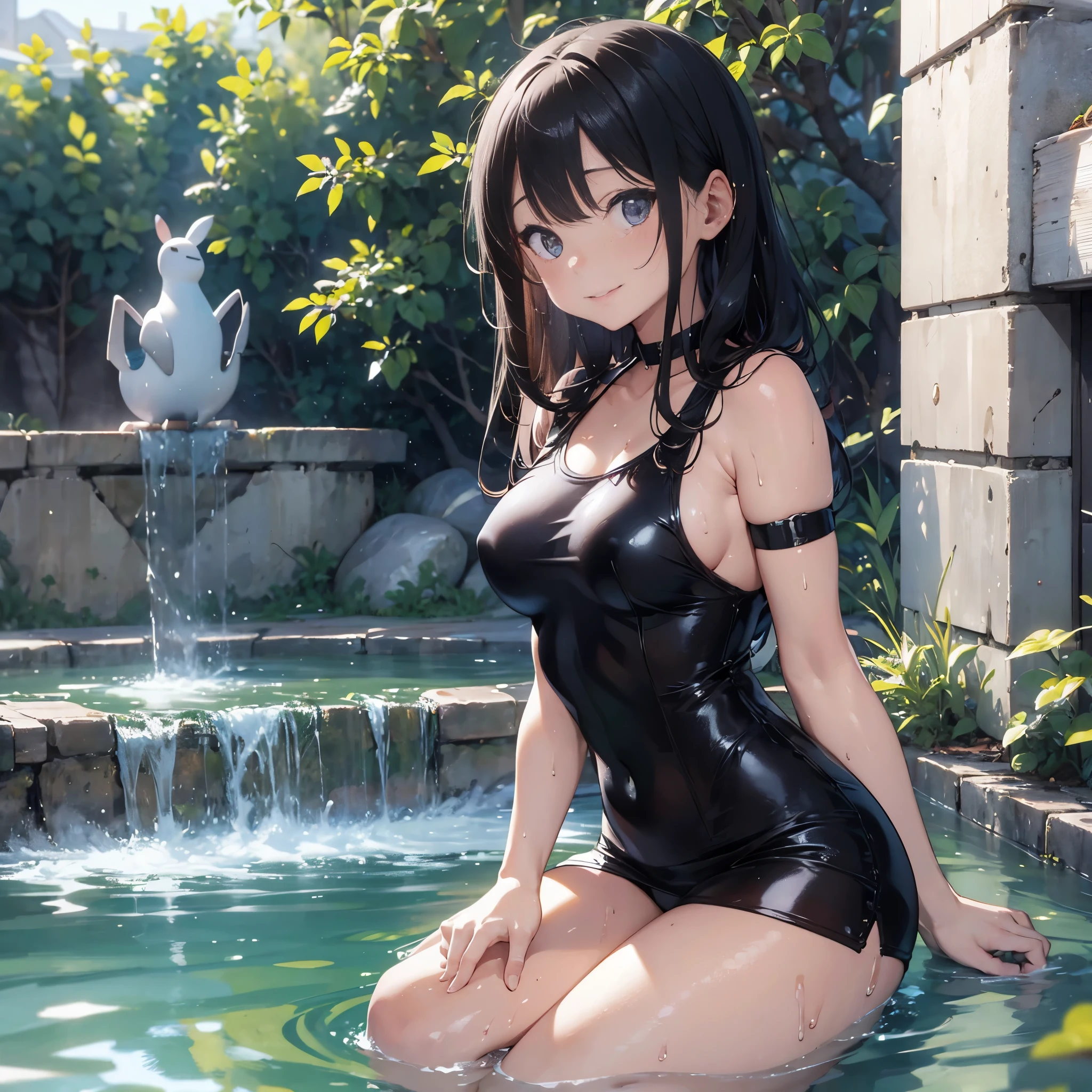 (masterpiece, 8k, best quality:1.2), in the fountain, outdoor, 1girl, looking at viewer, wet clothes, soaked, wet hair, wet skin, glistening with oil, drenched, smiling