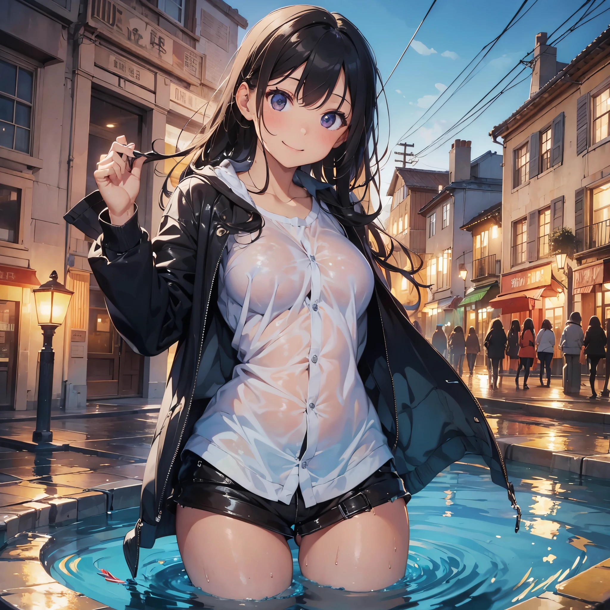 (masterpiece, 8k, best quality:1.2), in the fountain, outdoor, 1girl, looking at viewer, wet clothes, soaked, wet hair, wet skin, glistening with oil, drenched, smiling, liz.ashley