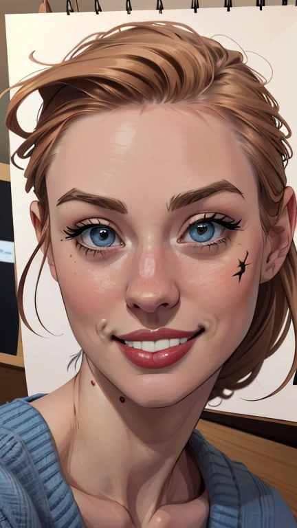 Female style Deborah Ann Woll beautiful breasts symmetrical medium breasts Fiona with war marks Cartoon image of a woman .Ilustra??o estilo desenho animado, estilo de arte dos desenhos animados, estilo de arte dos desenhos animados, digital illustration style, estilo um close de uma mulher com cabelos loiros e olhos azuis, rossdraws global illumination, Ross Draws 1. 0, style digite germe, digite germe and atey ghailan, Retrato de RossDraws, digite germe style, even model | digite germe, extremely detailed digite germe, Ross Draws 2. 0, type detailed germ of a puffy woman in a blue sweater and red lipstick leaning against a table, Anne Hathaway, Emma with Italian appearance, lindo bem - rosto, retrato de alta qualidade, rosto de pedra emma, leve sorriso, relaxed smile on your face, sorriso satisfeito, Garota bonita, perfect resemblance, smug smile, rosto muito bonito, arte tradicional, fechar o retrato