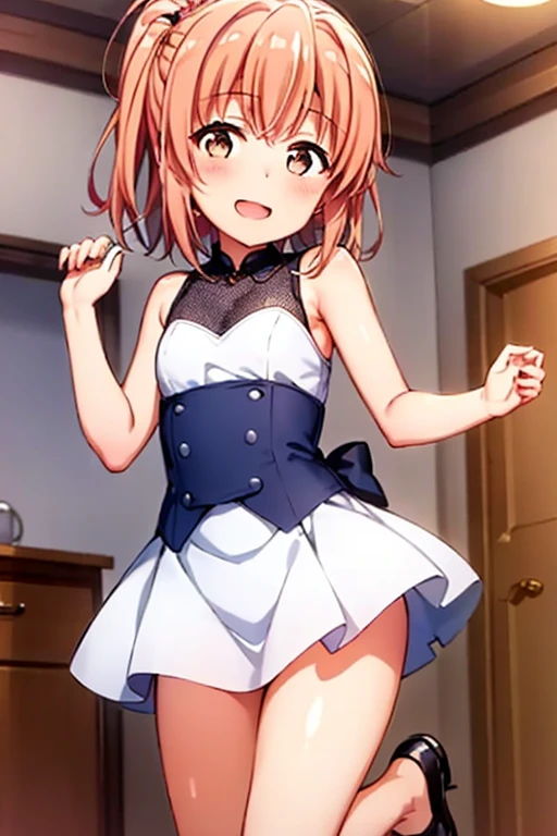 ((highest quality)), ((masterpiece)), (be familiar with), Perfect Face, indoor, Bedroom, Watching the audience,
One woman, Yuigahama Yui,
Open Mouth, Ecstatic expression, blush, smile,
Small breasts, Flat Chest, Young Girl, , , Girl,
Short Hair, Salmon-colored hair, Salmon-colored eyes, Side Pony,
Leg spread,