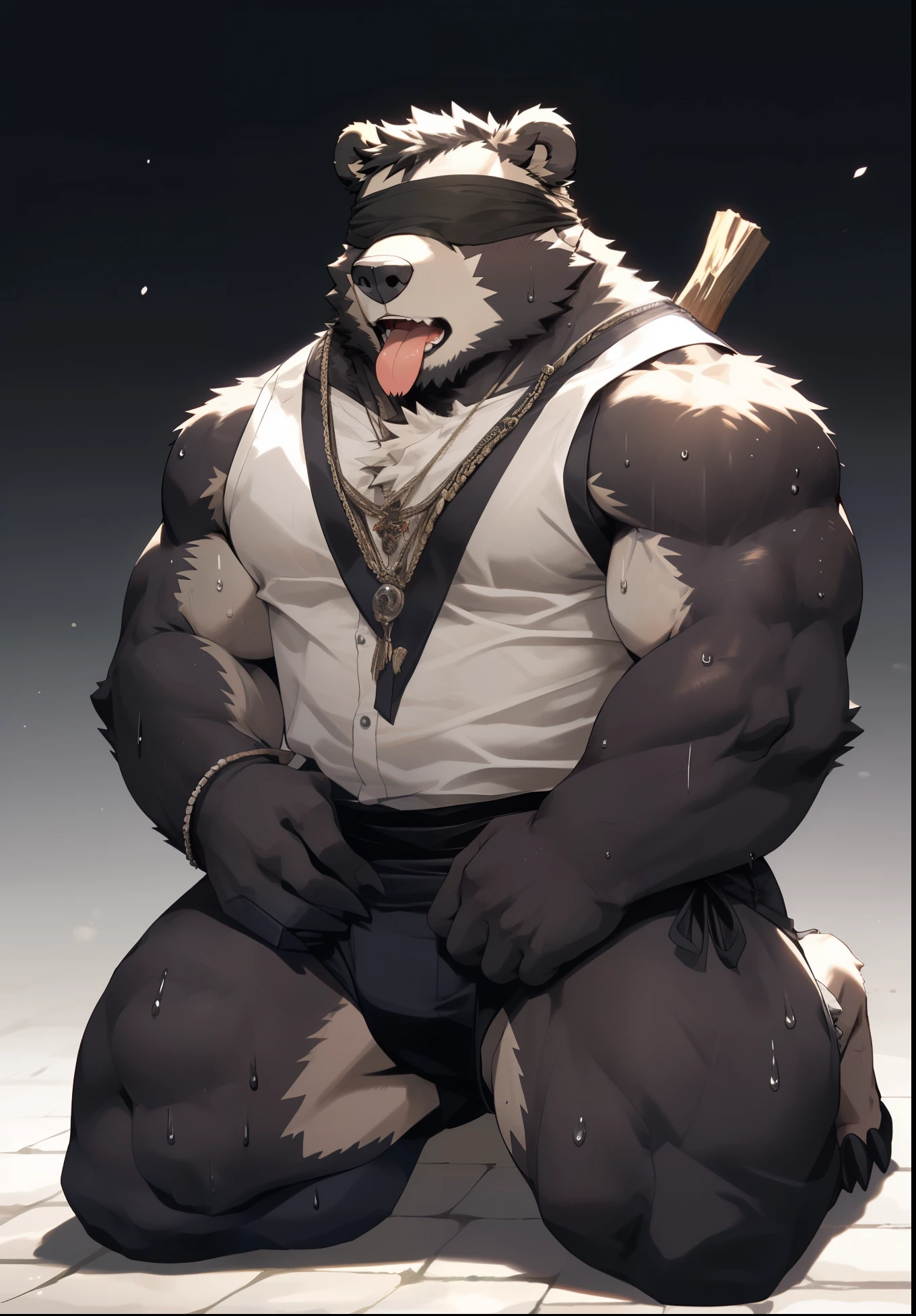 hairy,(Black Bear,Wear only panties,Blindfold,),Black fur,Wear only panties,Kneeling on the ground,Hands are roped,sweat,Stick out your tongue,male,Common,full-body shot,Real background,极其lifelike阴影,masterpiece,Very detailed,lifelike。