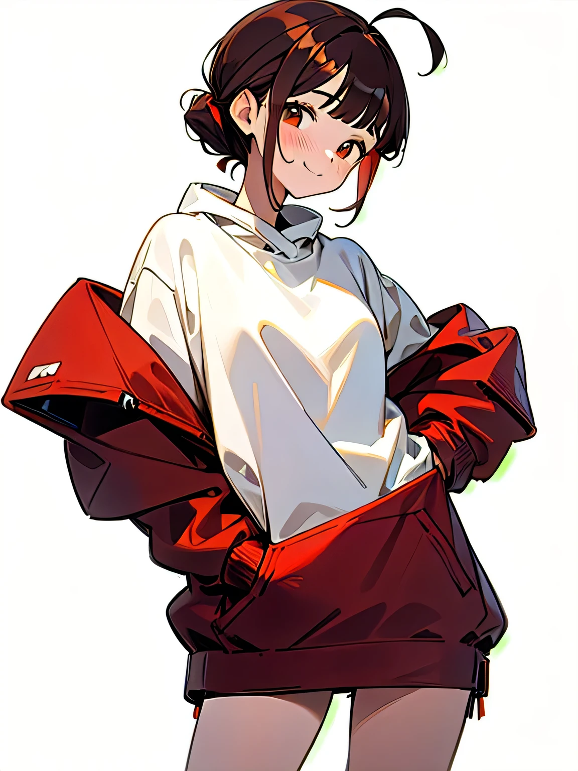 masterpiece , best quality , detailed , ((( 1 girl ))) , ( ash brown hair ) , ( red inner color ) , ((( Single chignon hairstyle:1.3 ))) , ahoge , blunt bangs , ( The bangs are even:1.3 ) , small breasts, ( oversized white sweatshirts on tight black inner:1.3 ) , good style , (facing the front) , cheeks turn red , (shy smile expression) , ( looking viewer ) , (( cowboy shot:1.3 )) , wine red big eyes, ( simple white background:1.3) , (from front:1.2)