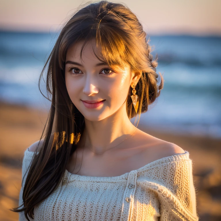 (8k, RAW photograph, highest quality, masterpiece:1.3),(Genuine,photograph:1.37),(Looking at the audience:1.331),Pause,Beachfront,Morning view,sunrise,sunny,One girl,Very beautiful face,small,Hair weight,Fluffy hair,Random representation,Smile with the corners of your mouth,Big eyes,highest quality Hair,((highest quality)), ((masterpiece)), (detailed), whole body、wallpaper、Attention to detail、Perfect balance、Tight waist、Light brown hair、beautiful, Beautiful Skin、beautiful white skin、Russian Beauty、(masterpiece:1.3), SLR photograph、Best image quality: 1.4, (Rough long hairstyle:1.2)、Soft bust、Cleavage:1.4、Loose, lightweight knitwear