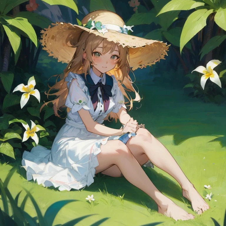 Anime girl sitting on grass with hat and flowers on background, with straw hat, guweiz on pixiv artstation, guweiz, guweiz on artstation pixiv, Anime visuals of cute girls, Beautiful anime girl, Cute anime girl, artwork in the style of guweiz, she is the center of the garden, Sitting in the garden