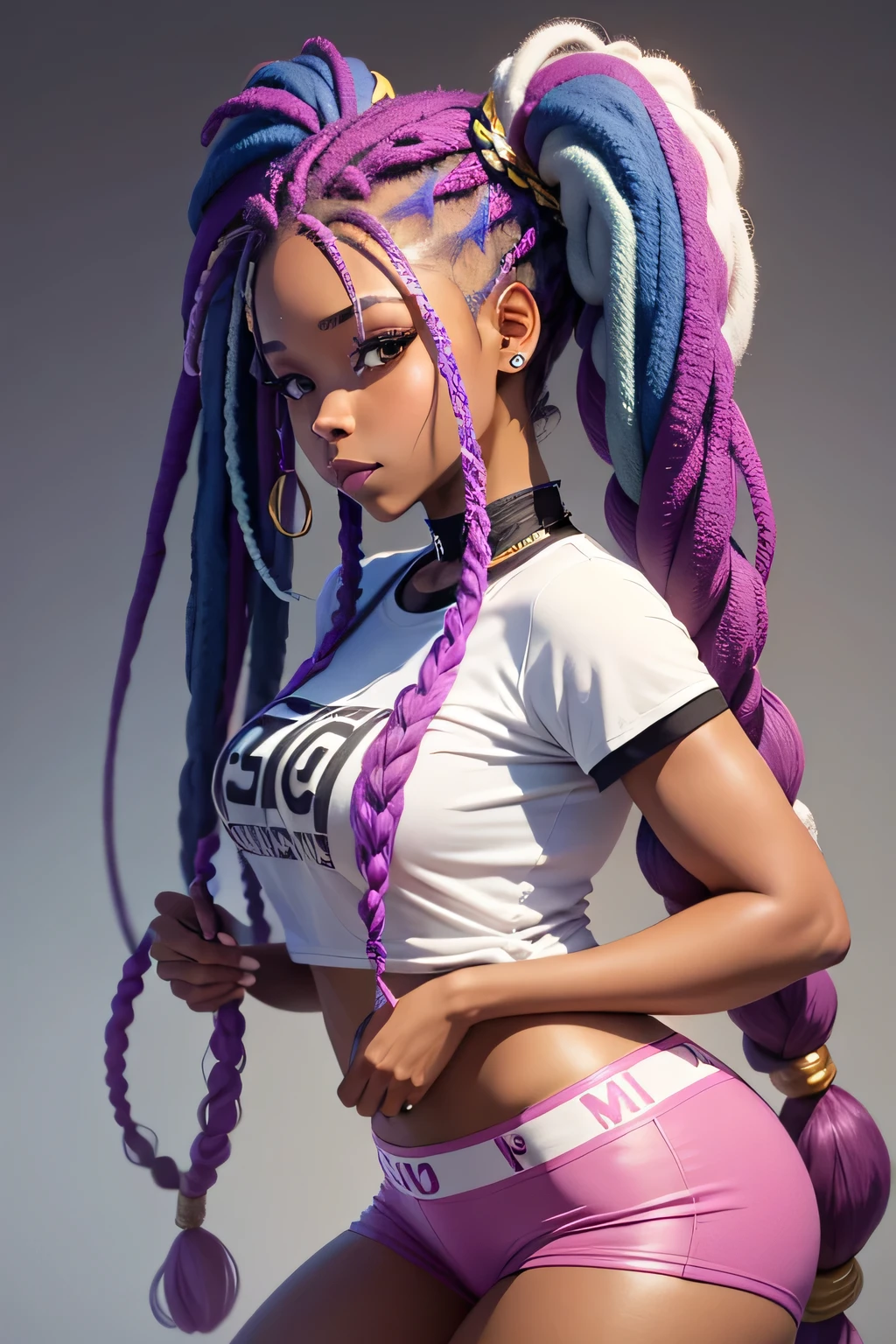 Beautiful Mulatto Girl, Black and Rainbow Hair, Black and Rainbow Makeup, Hip-Hop Girl, Open Hoodie, Curly Afro, , having sex, sideview, reverse position, face, Slender, Rainbow Eyes, Tribal Tattoos, White Background