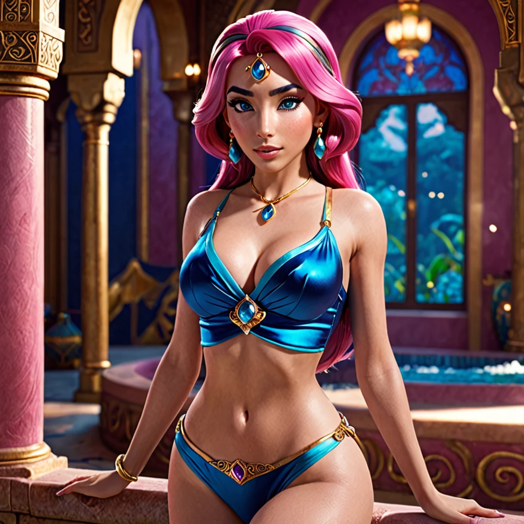 ((Best Quality, 8K, Masterpiece: 1.3)), Full Body, Focus Clear: 1.2, Outstanding Beauty: 1.4, Slender Abs: 1.2, ((pink hair, Big breasts: 1.2)), Black Tank Top, blue panties, Highly Detailed Face and Skin Texture, Detailed Eyes, Double Eyelids, Princess Jasmine