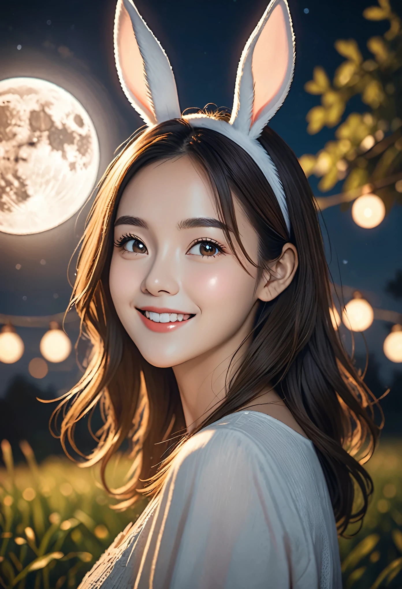 (best quality, masterpiece, highres:1.2), detailed, a happy woman, with Rabbit Ears, full moon, bright light, depth field, cinematic, film grain,