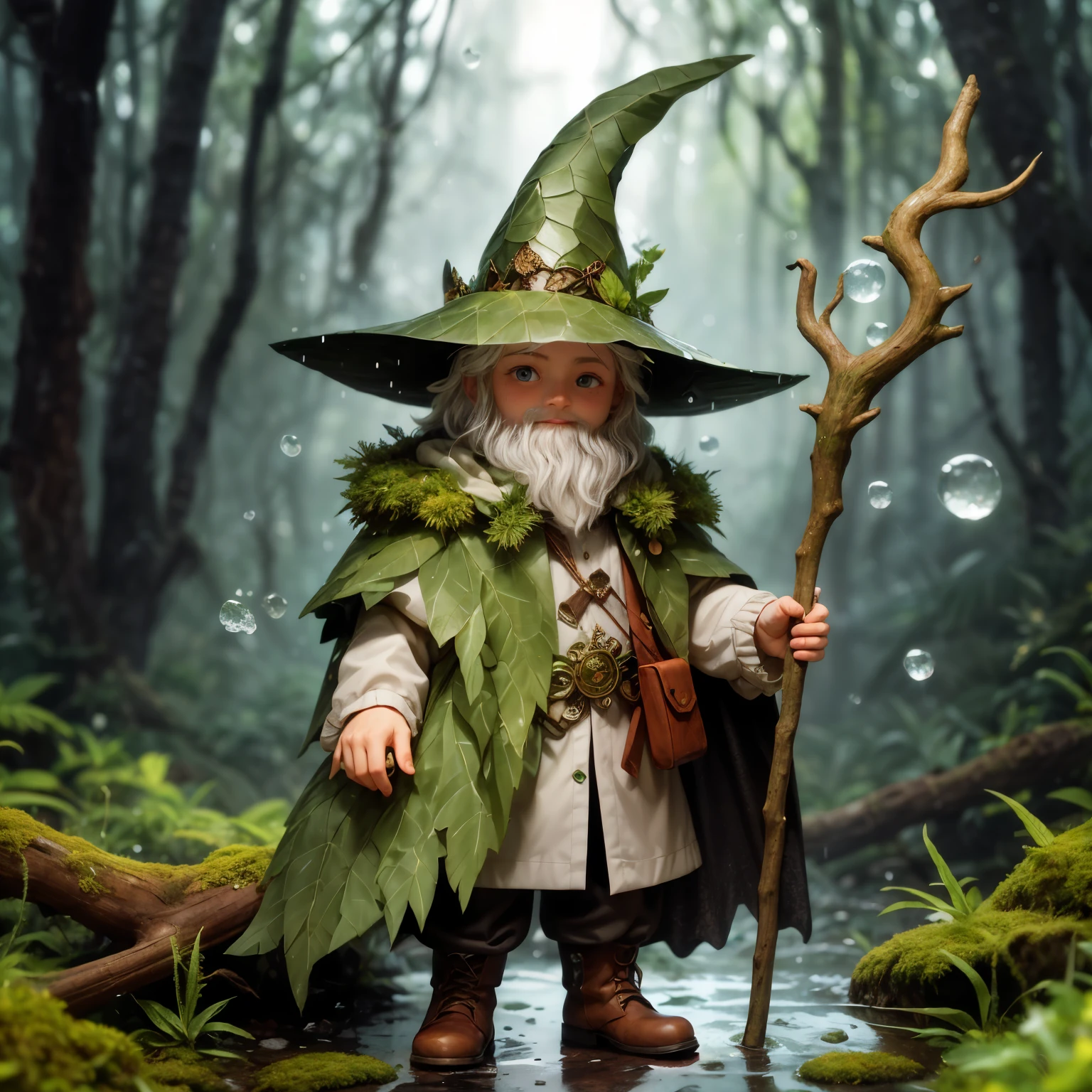 cute moss covered dewy male wizard, close up in a dewy rain forest, In a tilt-shift, macro-photographed scene with a shallow depth of field, a tiny, iridescent mystic wizard,  its body a mesmerizing mosaic of microscopic mirrors and gears, perches on the velvety, emerald-green edge of a dew-kissed leaf, surrounded by a constellation of glistening, crystal-like droplets that refract and reflect the soft, golden light filtering through the forest canopy above, amidst a tapestry of intricate, lace-like ferns and moss-covered twigs, with the blurred, bokeh-rich background a warm, earthy blend of umber, sienna, and olive hues.