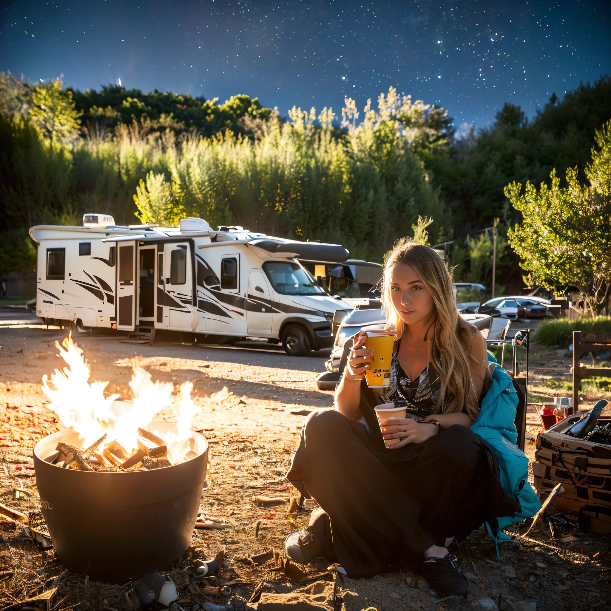 (8K, 16 K, awardwinning, Best Quality, hight resolution, high details, Anatomically correct, Textured skin, masterpiece:1.3),(Motorhome:1.3), Large dog golden retriever, (1 girl:1.4), Solo, Campfire, tarp tent, bonfire, mug, steam, night, starry sky, shooting star, girl drinking coffee, realistic hands, angelinak