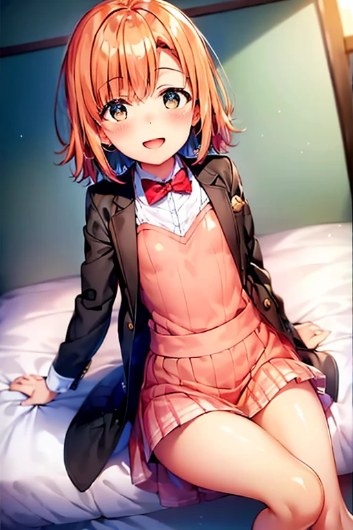 ((highest quality)), ((masterpiece)), (be familiar with), Perfect Face, indoor, Bedroom, Watching the audience,
One woman, Yuigahama Yui,
Open Mouth, Ecstatic expression, blush, smile,
Small breasts, Flat Chest, Young Girl, , , Girl,
Short Hair, Salmon-colored hair, Salmon-colored eyes, Side Pony,
Leg spread,